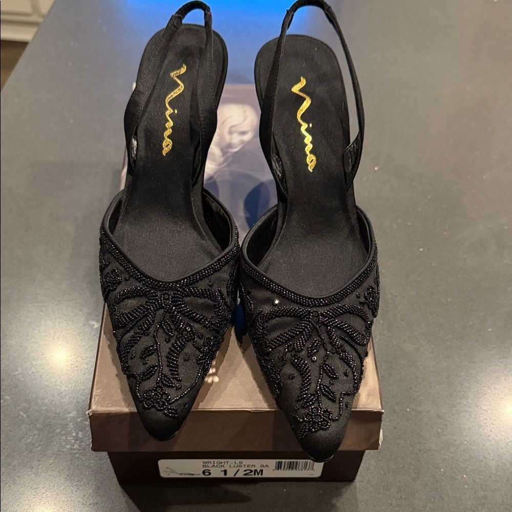 Nina Elegant Black Beaded Slingback Heels